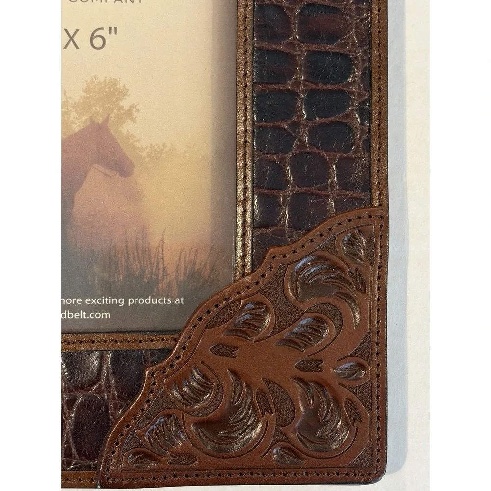 3D Belt Co Leather Western Tooled Croc Inlay 4x6 Photo Frame Brown